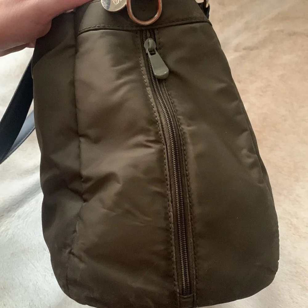 Lo & Sons Olive Green O.M.G. Laptop bag with gold hardware and tan interior. - Picture 4 of 5